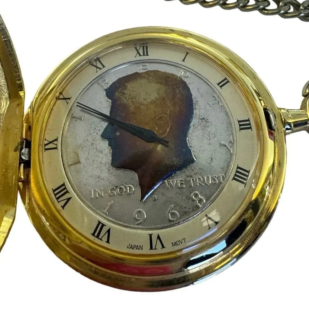 JFK 1968 Half Dollar Pocket Watch with Chain - Picture 2 of 8